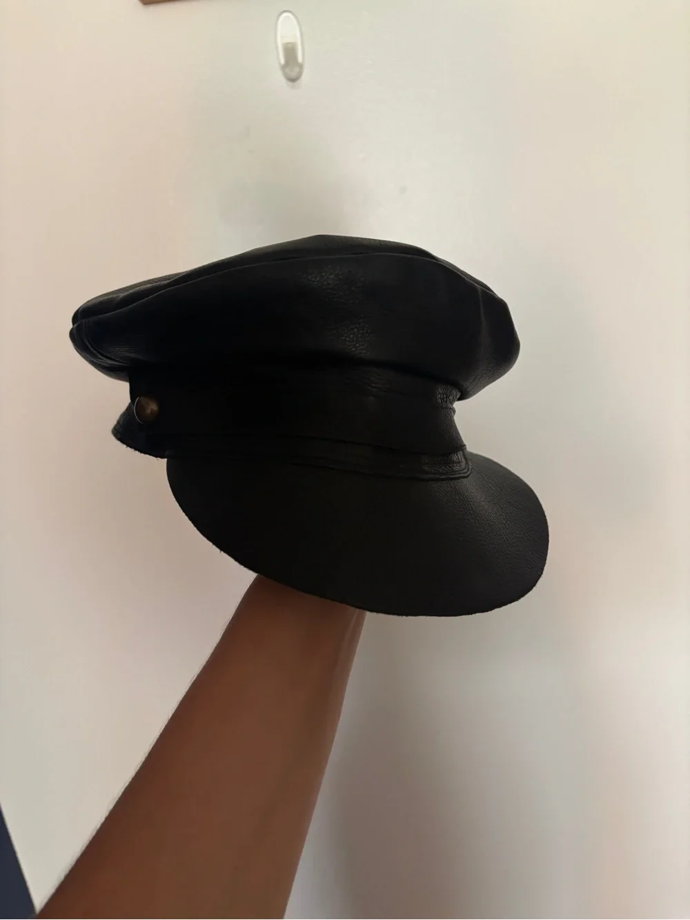 Lack of Color Black Leather Baker Boy Hat with Brass Button Detail